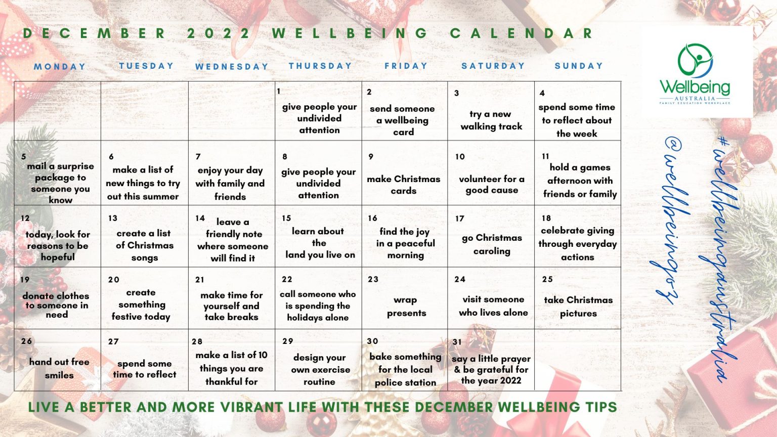 YOUR DECEMBER 2022 WELLBEING CALENDAR Wellbeing Australia