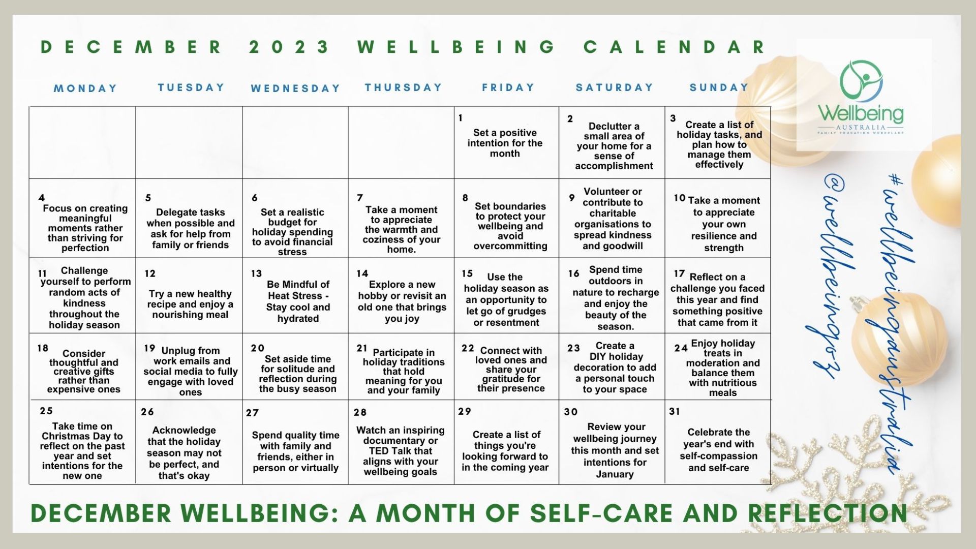 calendar dec Wellbeing Australia